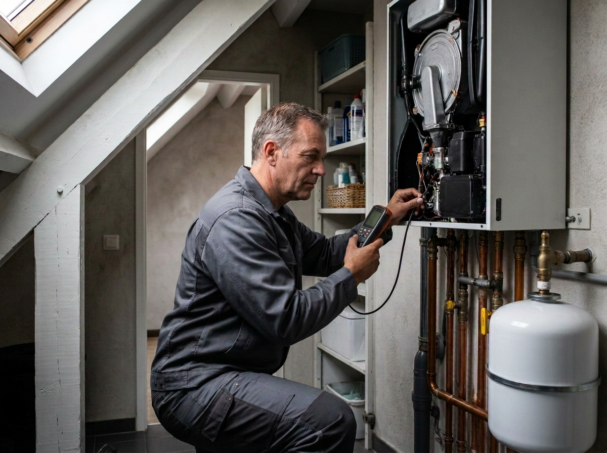 CV-monteur controleert een verwarmingsketel in de woning van de klant