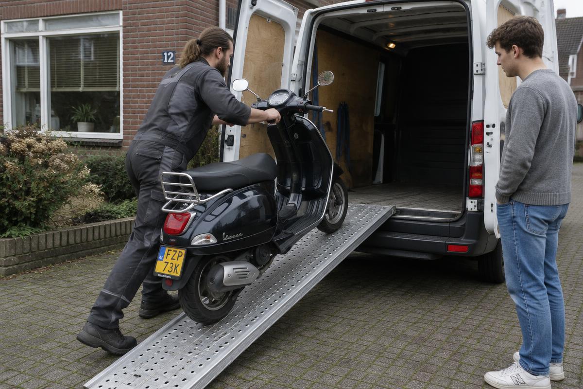 Scootermonteur laadt een brommer-scooter in zijn bus voor reparatie