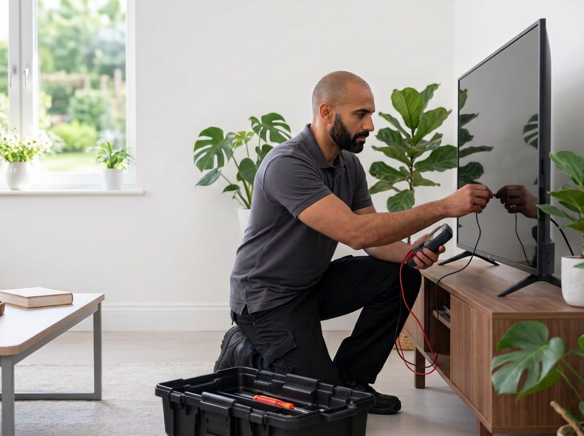 TV-monteur controleert een televisie in de woonkamer van de klant
